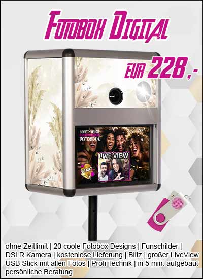 Fotobox DIGITAL €228,- Foto Flatrate ohne Druckfunktion kostenlose Fun Schilder coole Fotobox Designs kein Zeitlimit kostenloser Versand Blitz für perfekte Fotos Spiegelrefelexkamera USB Stick mit allen Fotos Live View Display