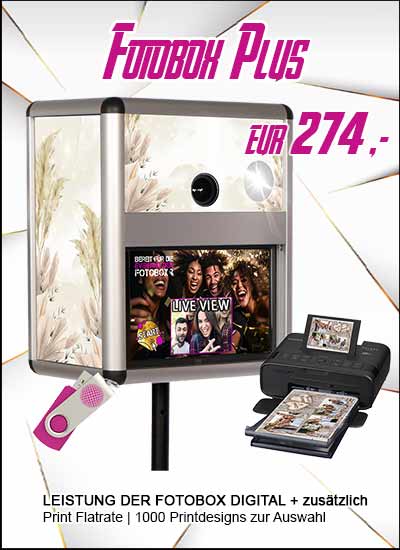 Fotobox PLUS mieten €274,- mit Foto Flatrate,Auswahl aus 1000 Printdesigns, Print Flatrate, kostenlose Fun Schilder,coole Fotobox Designs,ohne Zeitlimit,kostenloser Versand,Blitz für perfekte Fotos,Spiegelrefelexkamera,USB Stick mit allen Fotos,Live View Display, persönliche Beratung beim Profi in der Nähe