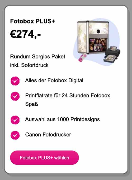 Fotobox PLUS mieten €274,- mit Foto Flatrate,Auswahl aus 1000 Printdesigns, Print Flatrate, kostenlose Fun Schilder,coole Fotobox Designs,ohne Zeitlimit,kostenloser Versand,Blitz für perfekte Fotos,Spiegelrefelexkamera,USB Stick mit allen Fotos,Live View Display, persönliche Beratung beim Profi in der Nähe